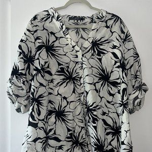 Linen Cotton Blouse White With Black Design Must Have Brand 3X Abstract Print